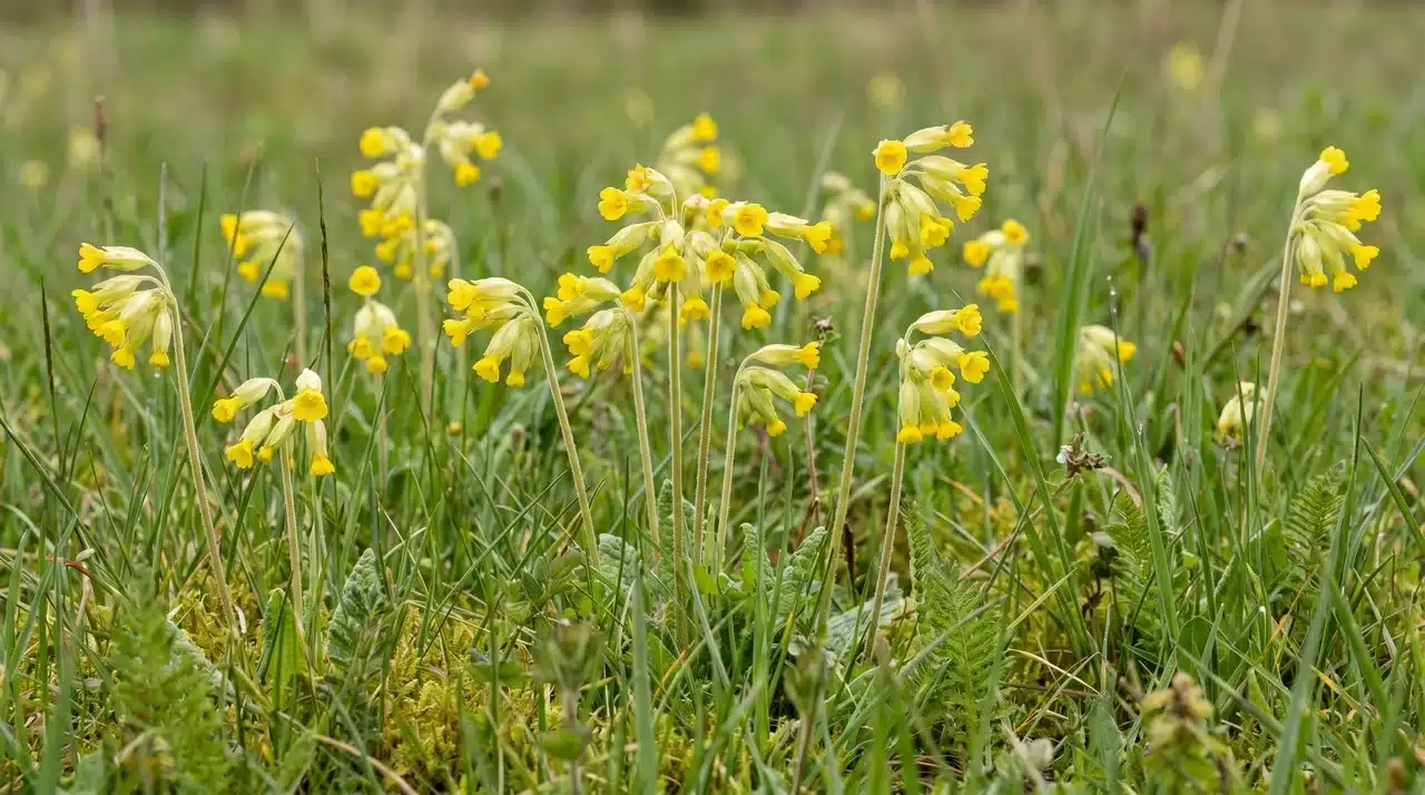 Yellow cowslip flowers blooming in a spring meadow.