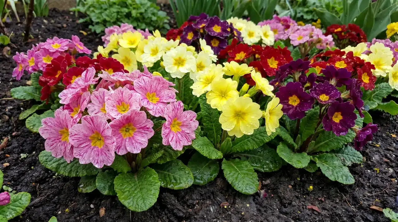 Mixed-color primrose flowers blooming in a garden border.