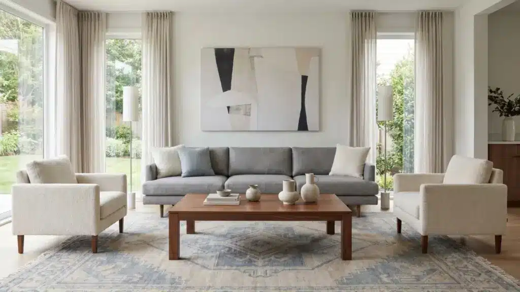 Modern living room with sofa, coffee table, rug, and chairs arranged with a balanced proportion and scale.