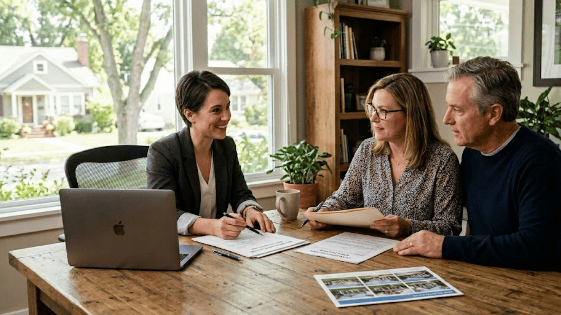real estate agent meeting with a couple at a table reviewing documents and home listings in a bright office