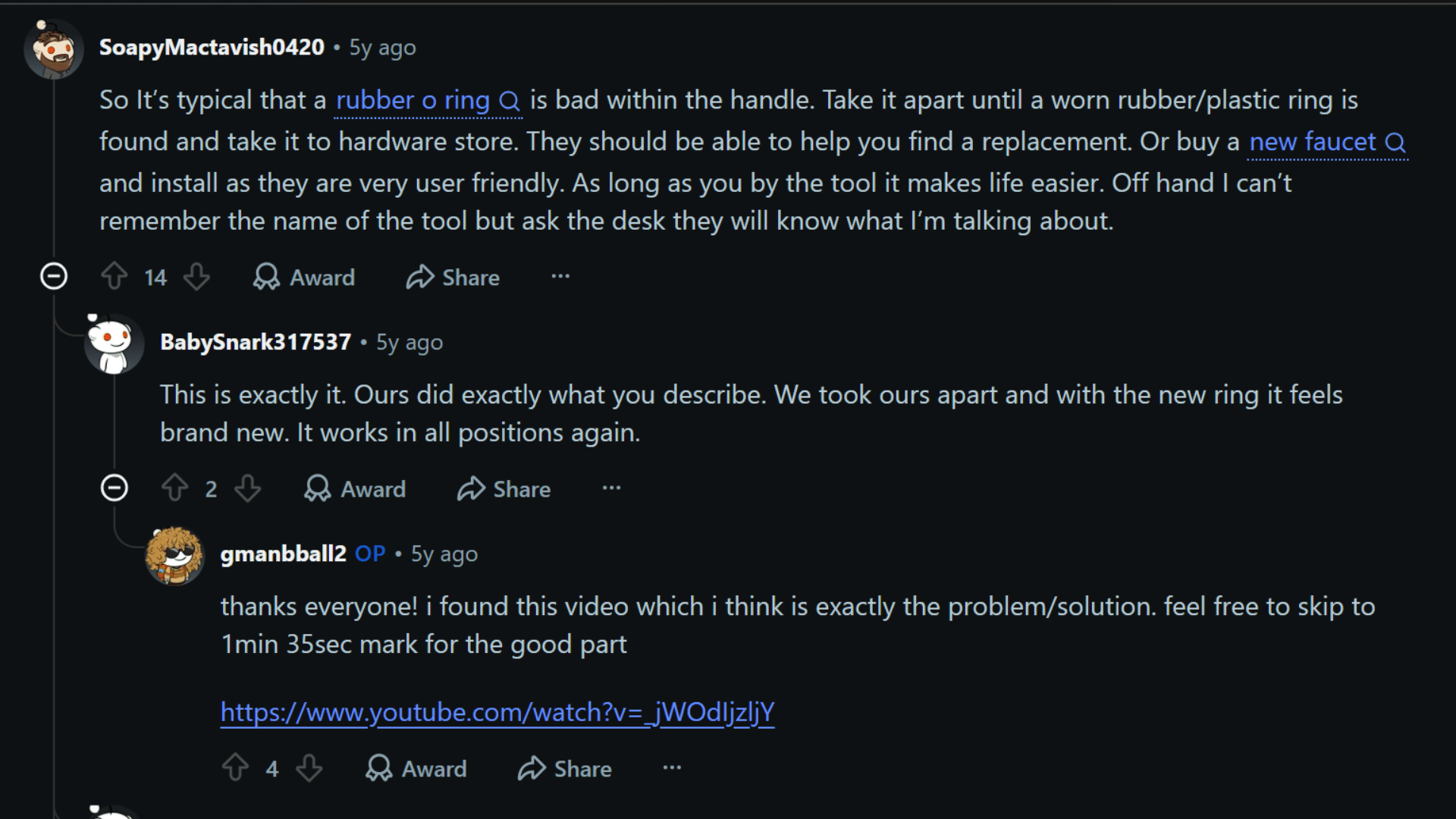 reddit discussion about fixing a dripping faucet with users recommending o ring replacement and repair tips