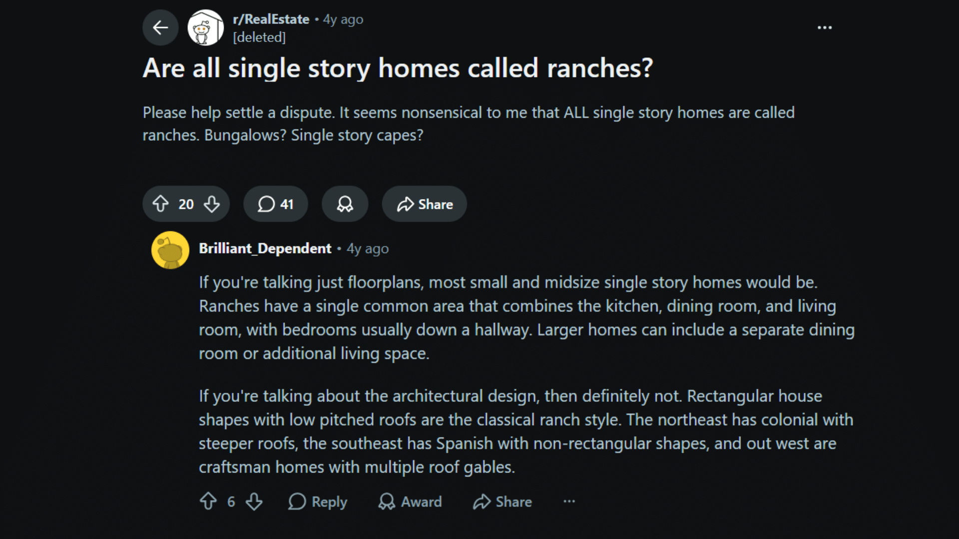 reddit discussion asking if all single story homes are ranches with a reply explaining ranch house layouts and styles