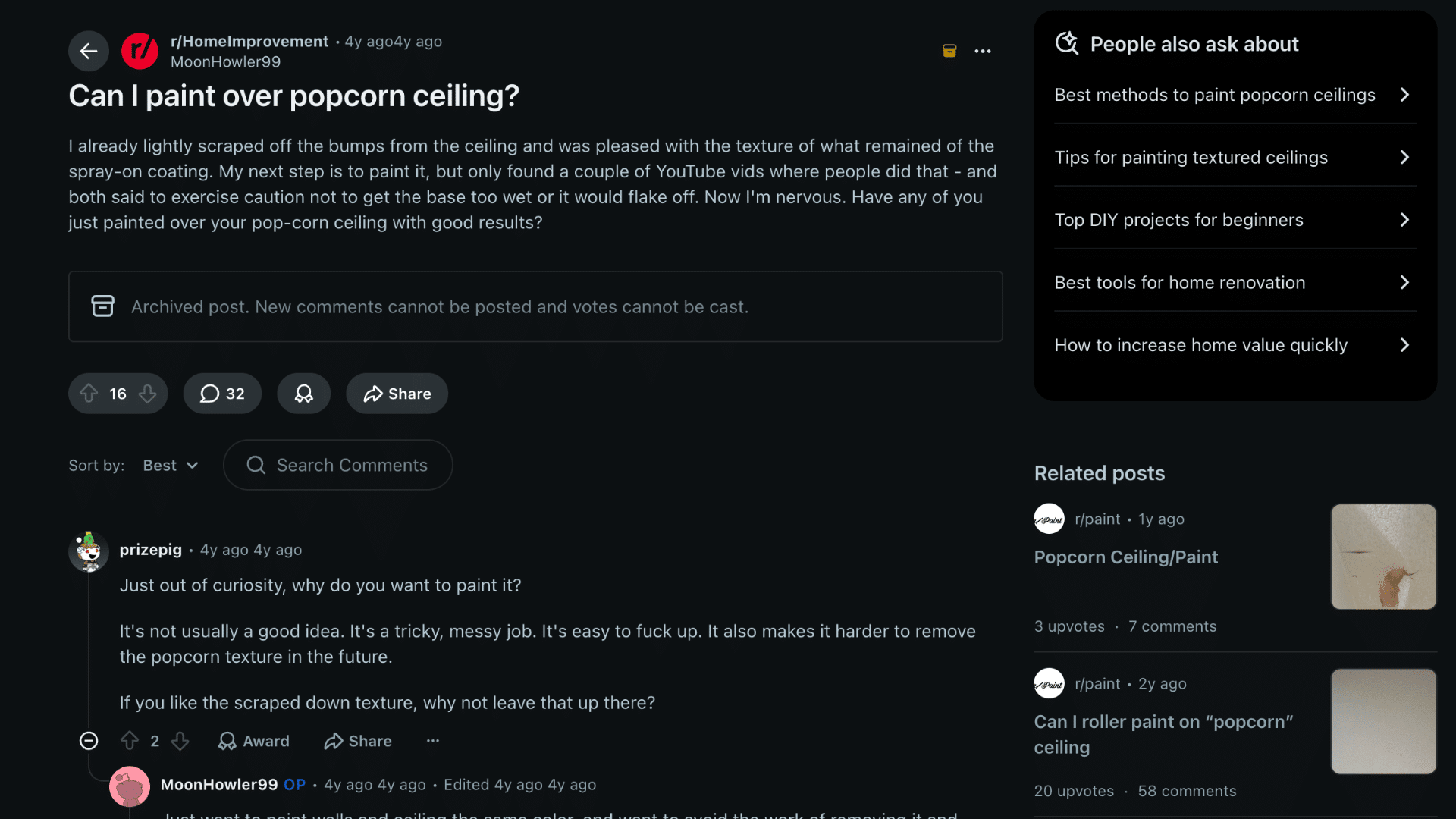 reddit post asking about painting over a popcorn ceiling with comments tips and related home improvement links