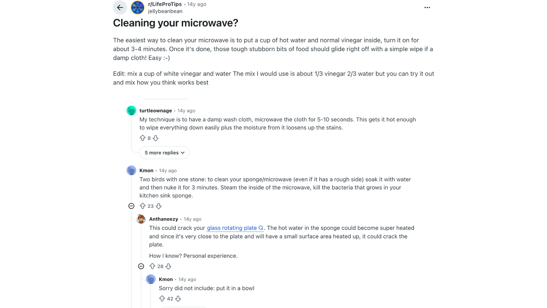reddit post shares microwave cleaning tip using vinegar and water with comments discussing sponges steam and safety
