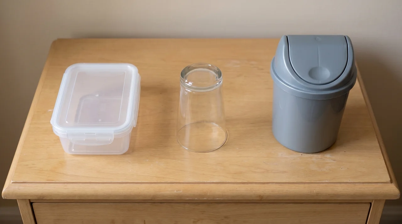 Sealed airtight food container, upturned empty water glass, and closed bin grouped on a flat surface