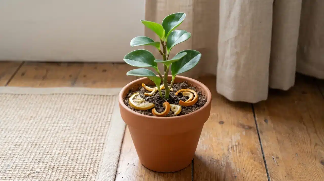 Small potted houseplant with lemon and orange citrus rinds placed around the base of the soil