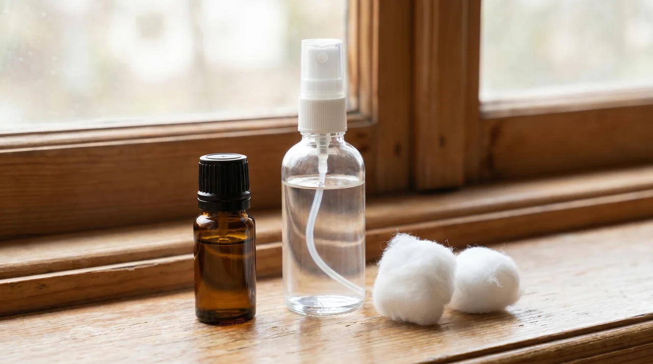 Dark glass essential oil bottle, spray bottle, and two cotton balls on a bedroom window sill