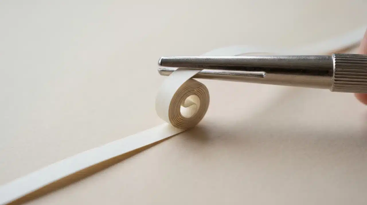 Paper strip partially wound around a slotted quilling tool on a flat surface