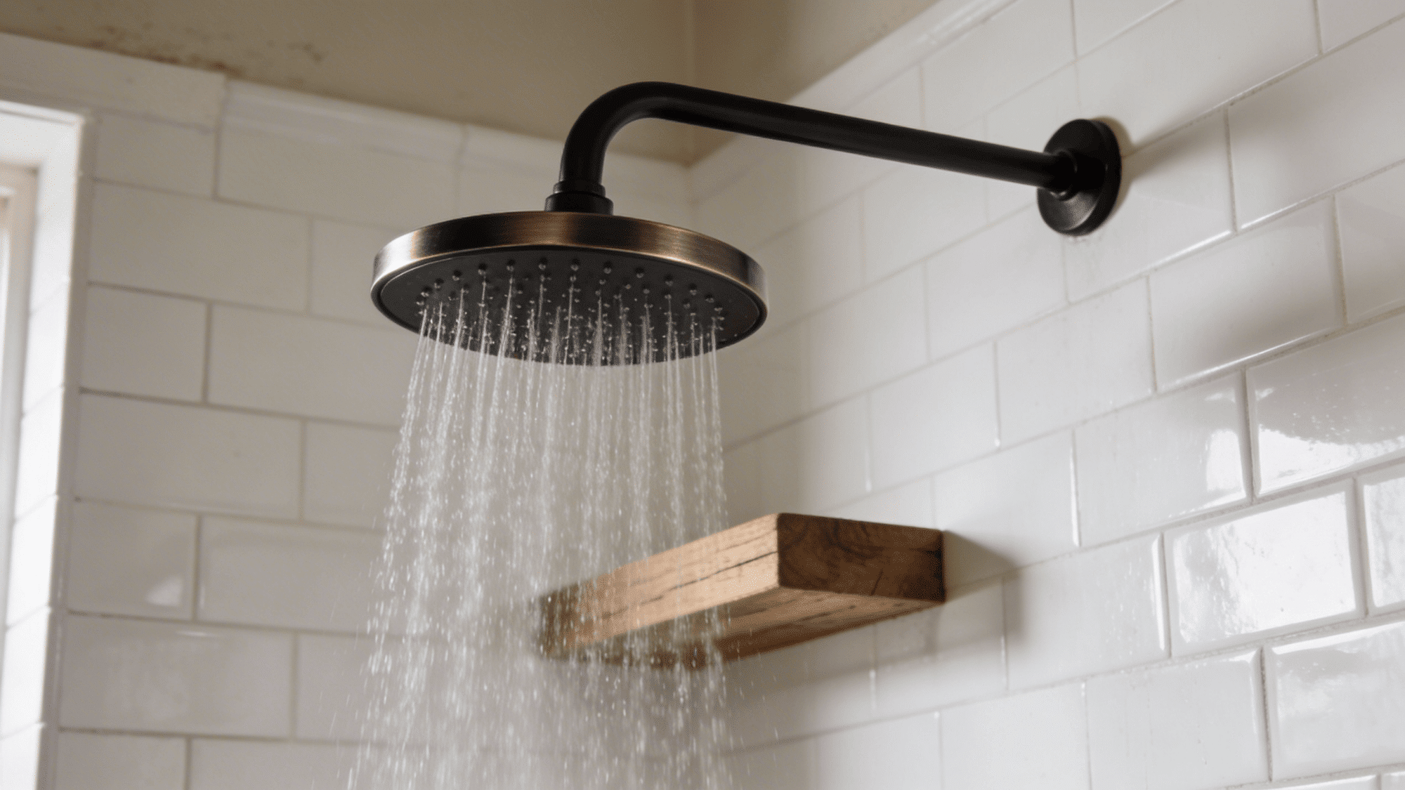 round shower head with water flowing on white tile wall and wooden shelf beneath in modern bathroom