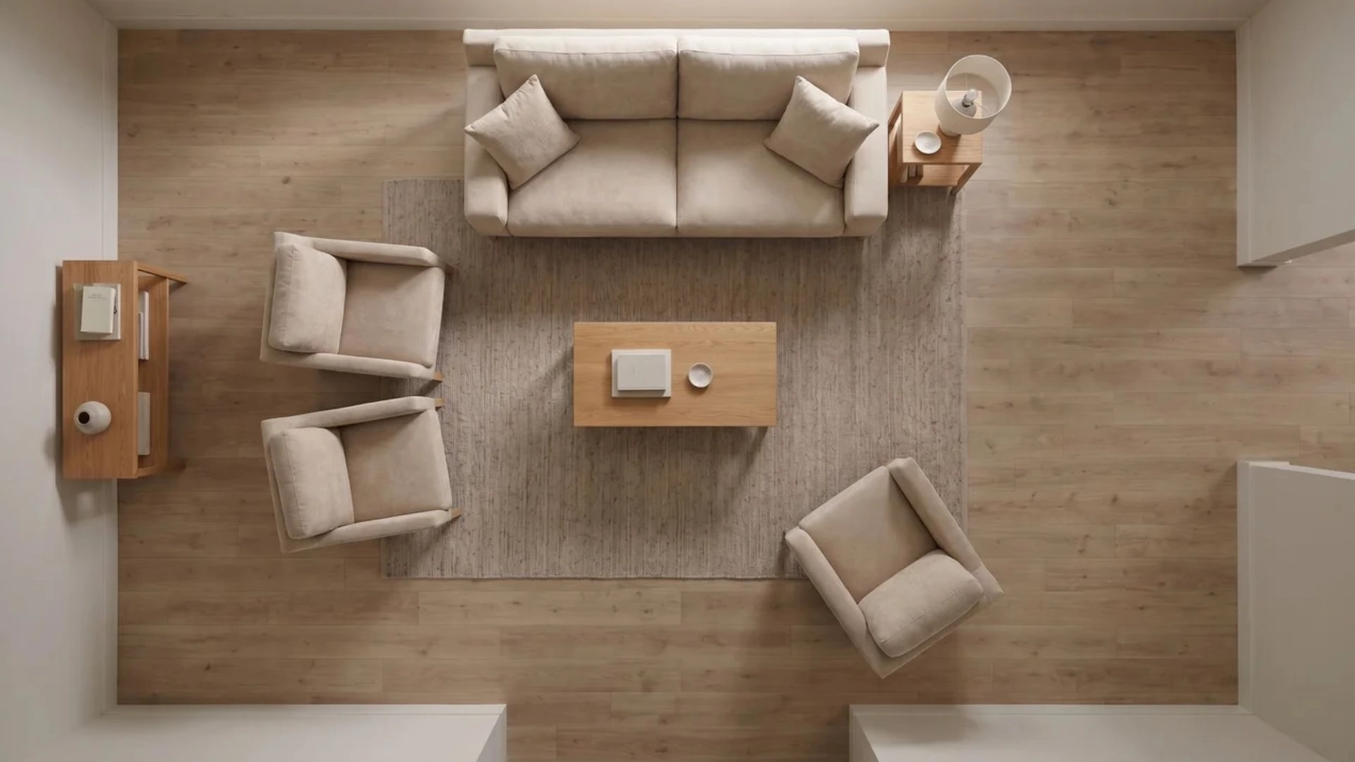 Living room with furniture filling 60 percent of floor, 40 percent left open, illustrating proper proportion spacing.