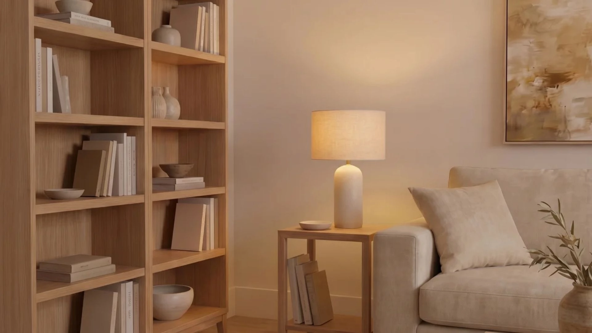 Furniture of varying size and color spread evenly across room, showing balanced visual weight.