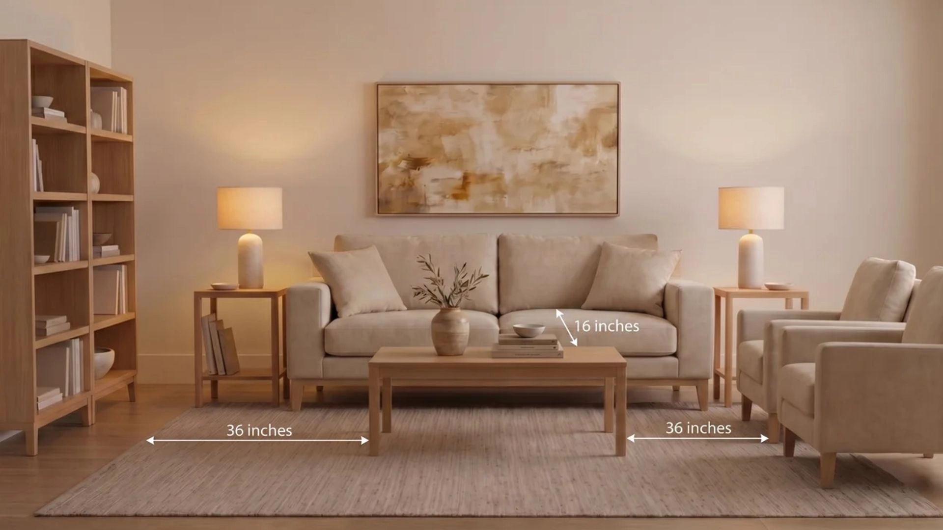 Room with proper human scale: walkways clear, coffee table at 14–18 inches from sofa for comfort.