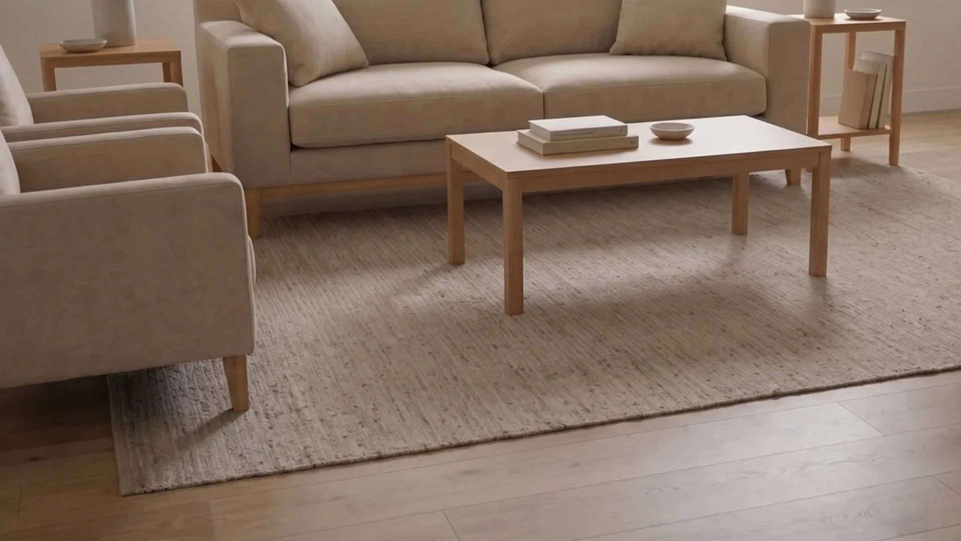 Large rug sliding under sofa and chairs, anchoring furniture group for balanced living room proportion.