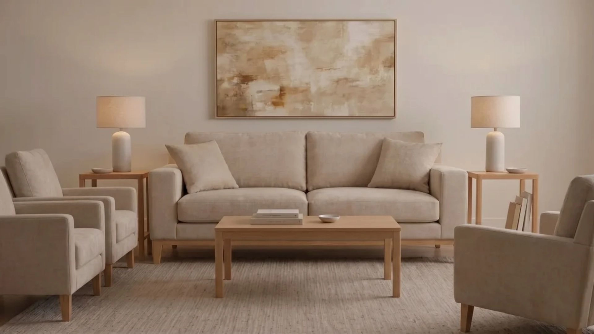 Wall art spanning two-thirds width of sofa, illustrating proper proportion for balanced visual placement.