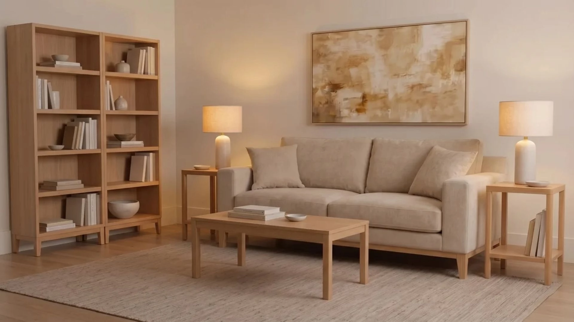 Room with varied furniture heights including bookshelf, sofa, and table to create visual rhythm and balance.