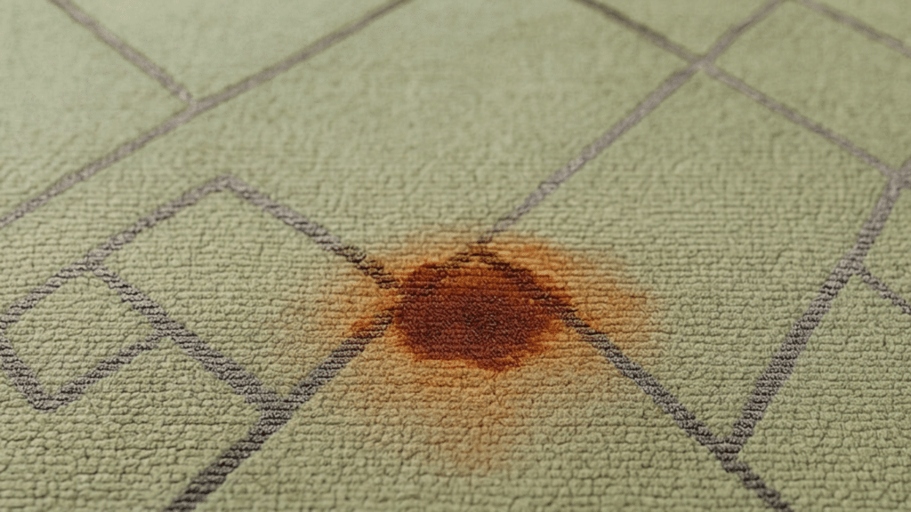 rust stain on light green carpet with geometric pattern showing dark brown spot spreading on fabric surface