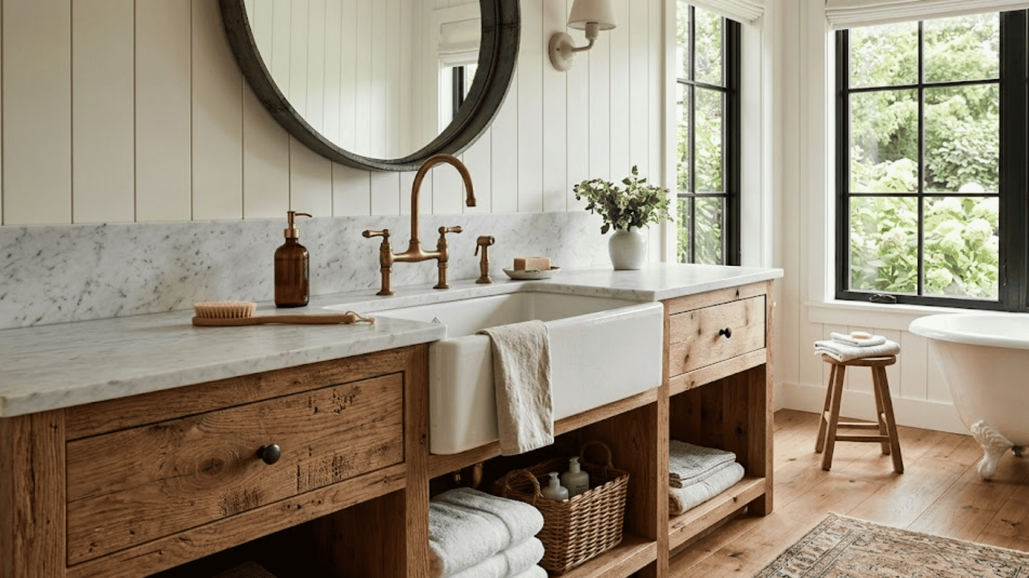 rustic bathroom vanity with marble top copper faucet round mirror and window light beside tub and stool
