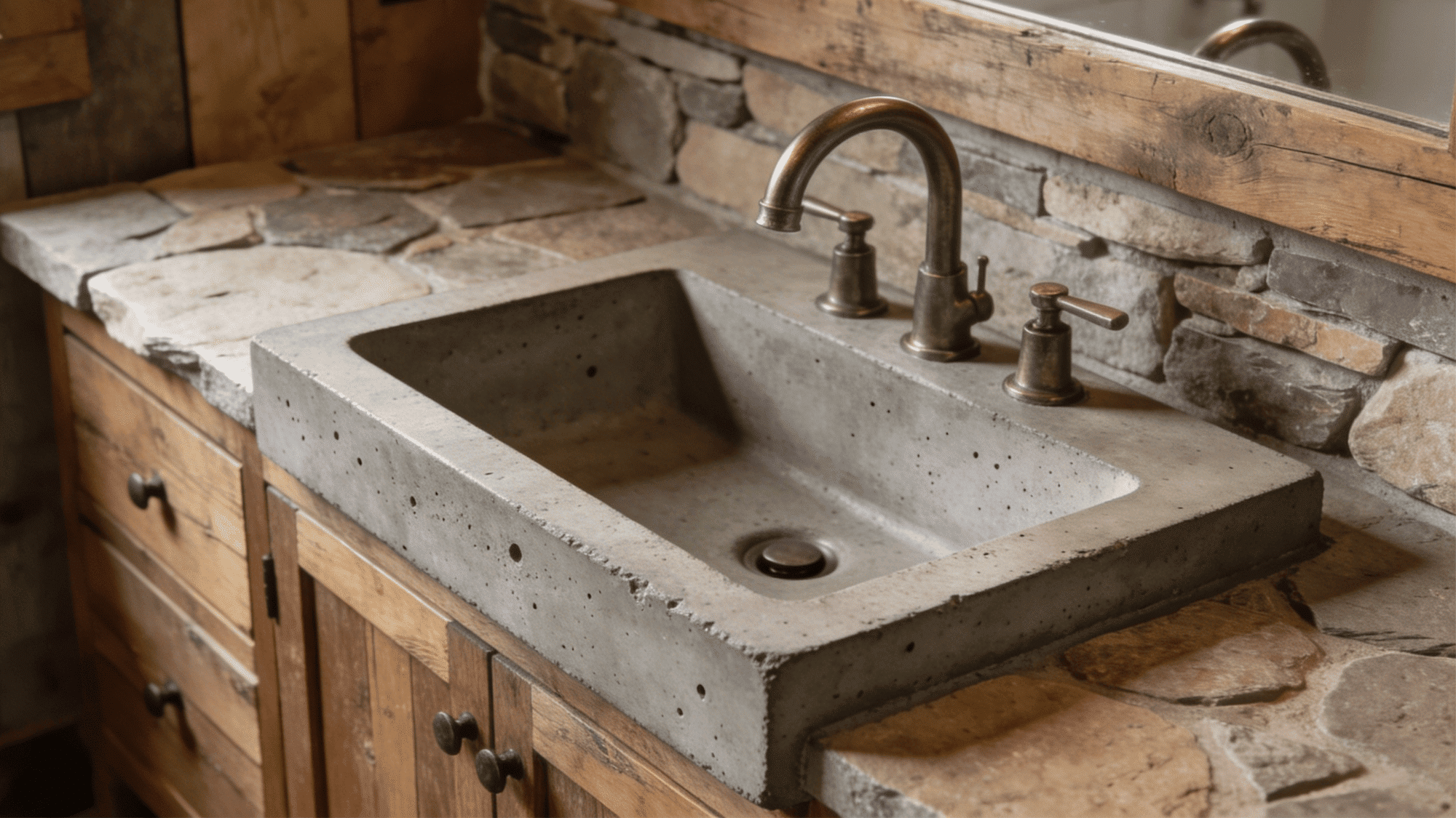 rustic bathroom with stone sink wooden vanity and bronze faucet against textured stone wall background
