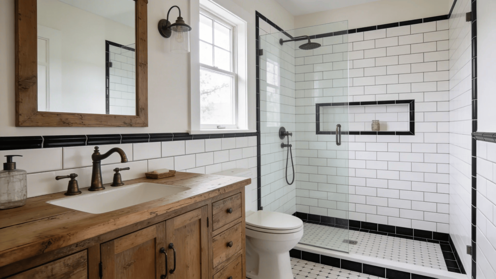 rustic bathroom with wooden vanity white subway tile shower and glass partition creating clean modern space