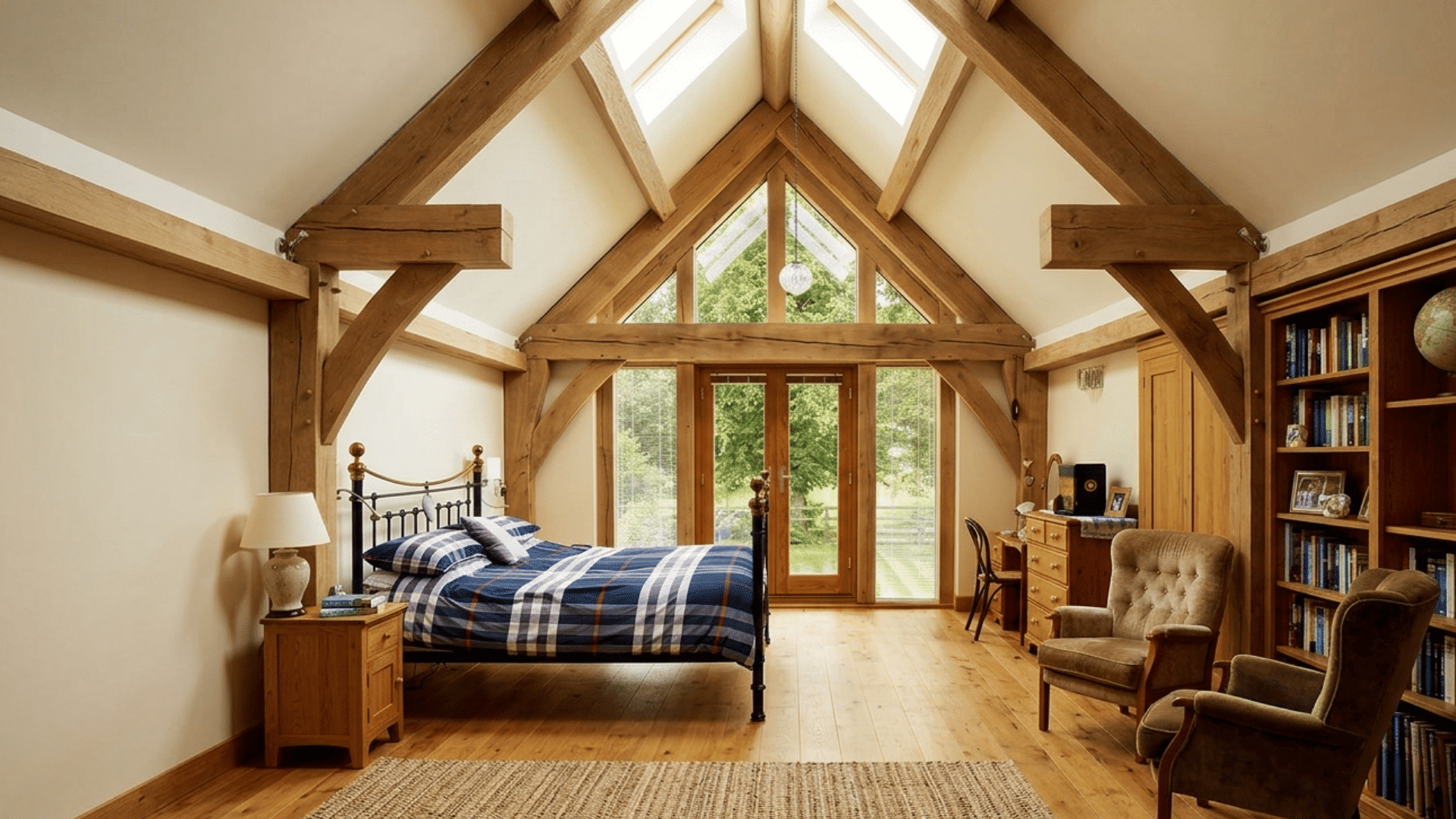 rustic bedroom with vaulted ceiling exposed wood beams large windows built in bookshelves and wood furniture