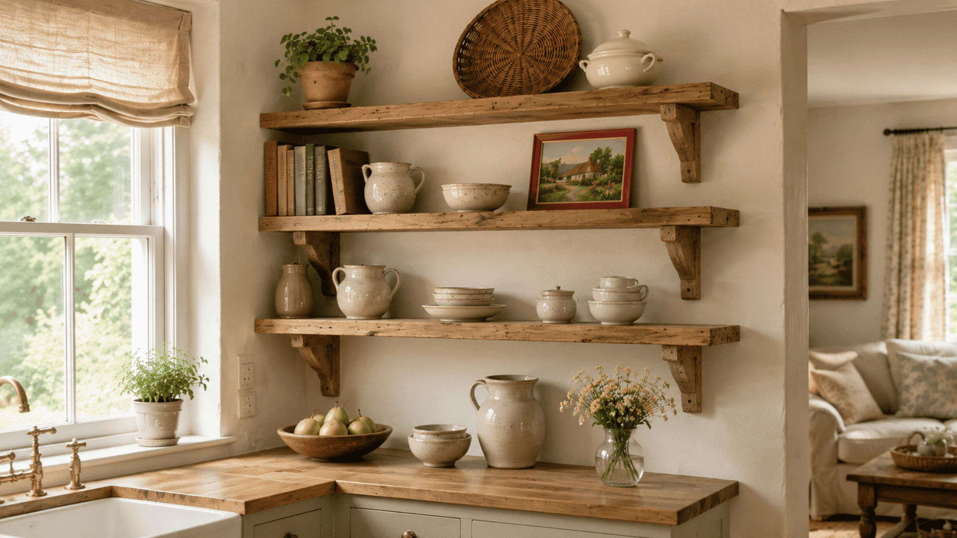 rustic cottage kitchen with open wooden shelves ceramic decor red frame yellow flowers and soft daylight