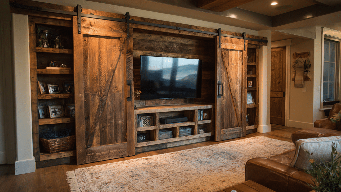 rustic entertainment wall with sliding barn doors framing a television and shelves in a warm wood accented living room