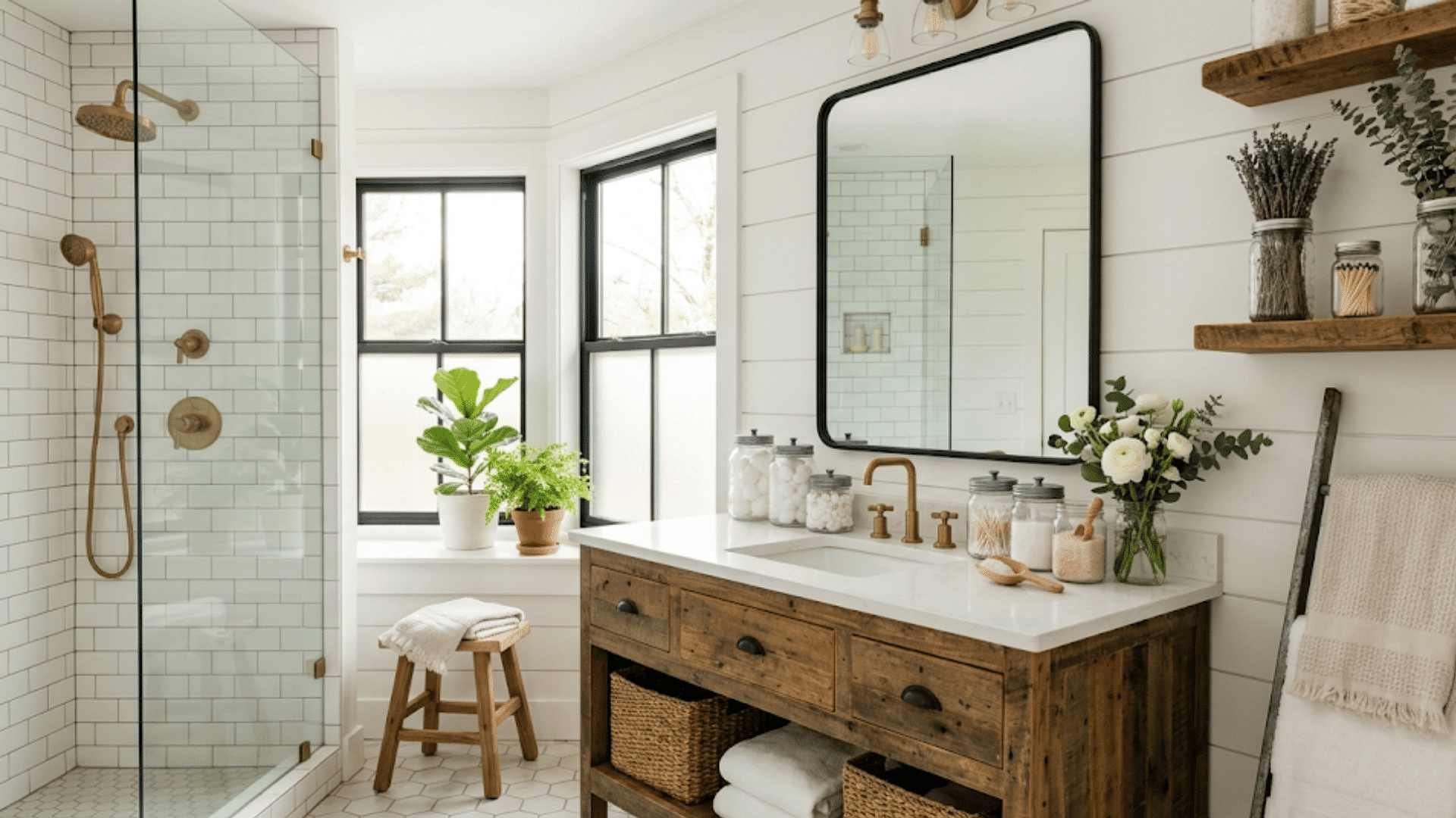 rustic farmhouse bathroom with wood vanity black framed mirror floating shelves glass shower and woven baskets storage