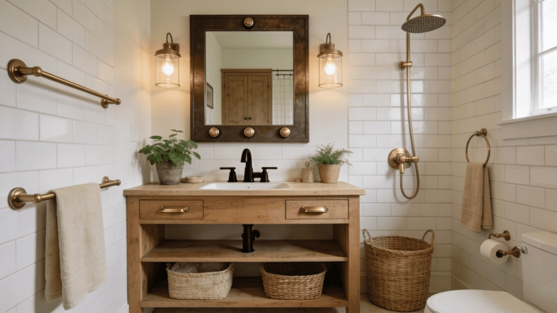 rustic farmhouse bathroom with wood vanity white tile walls brass fixtures and woven storage baskets
