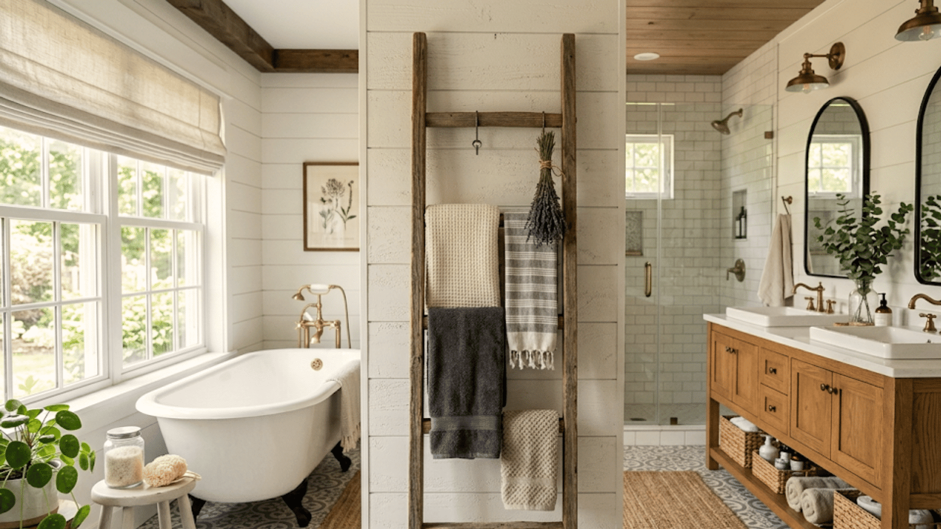 rustic farmhouse bathroom with wooden towel ladder freestanding tub double vanity and white shiplap walls with brass fixtures