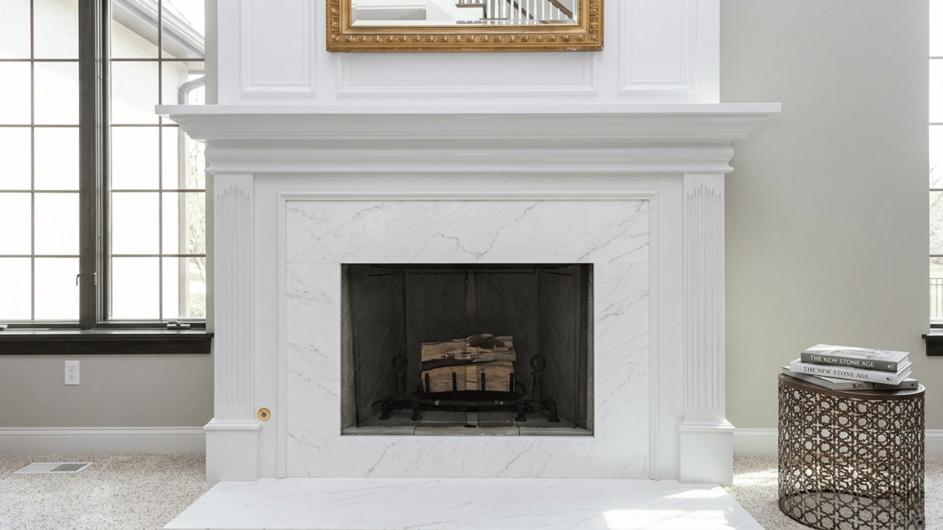 rustic fireplace featuring textured tile details that complement a warm and inviting interior