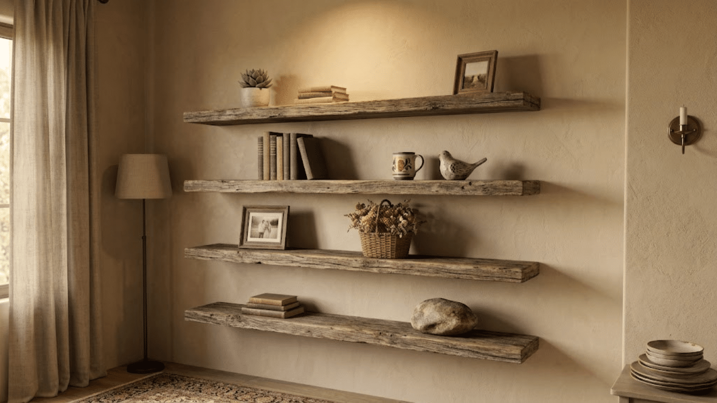 rustic floating wood shelves displaying books framed photos and decor on a neutral wall beside a sunlit window