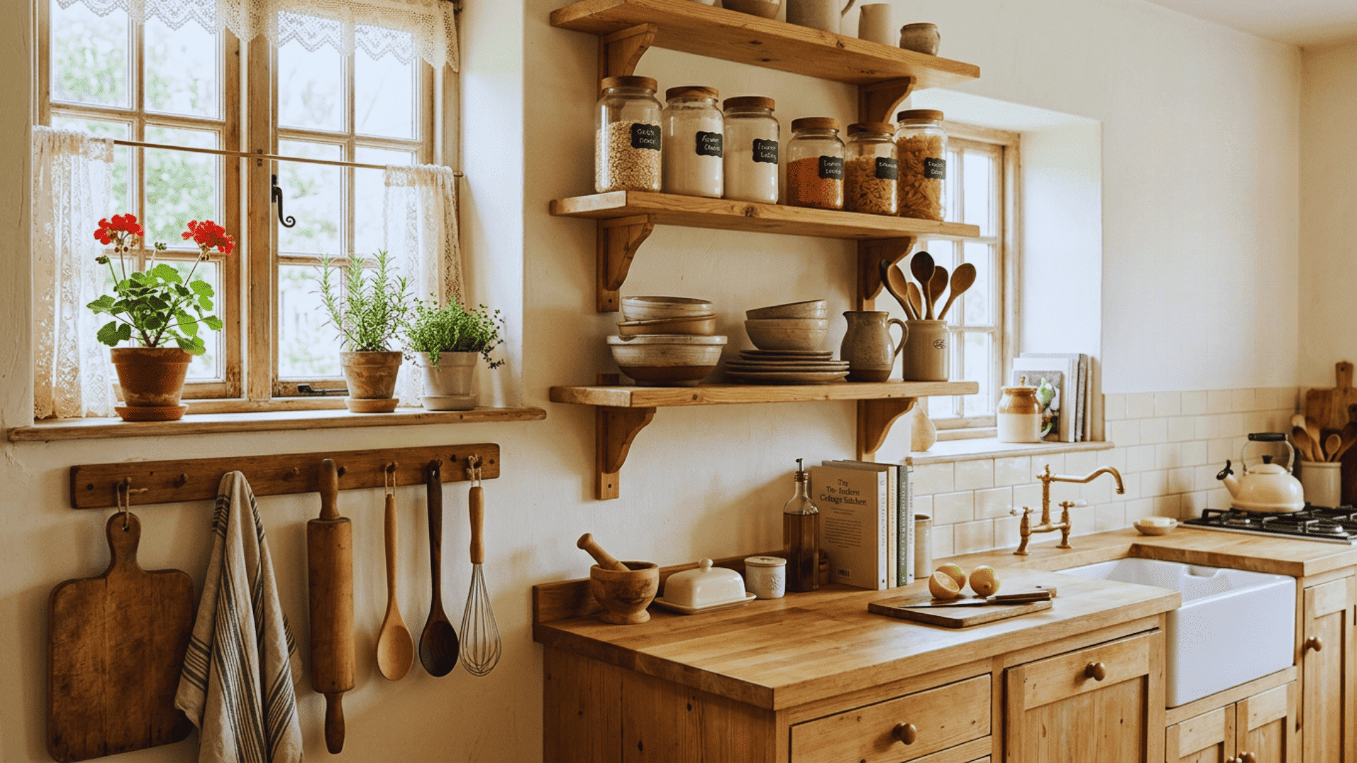 rustic kitchen with wooden tools glass jars and open shelves in natural light