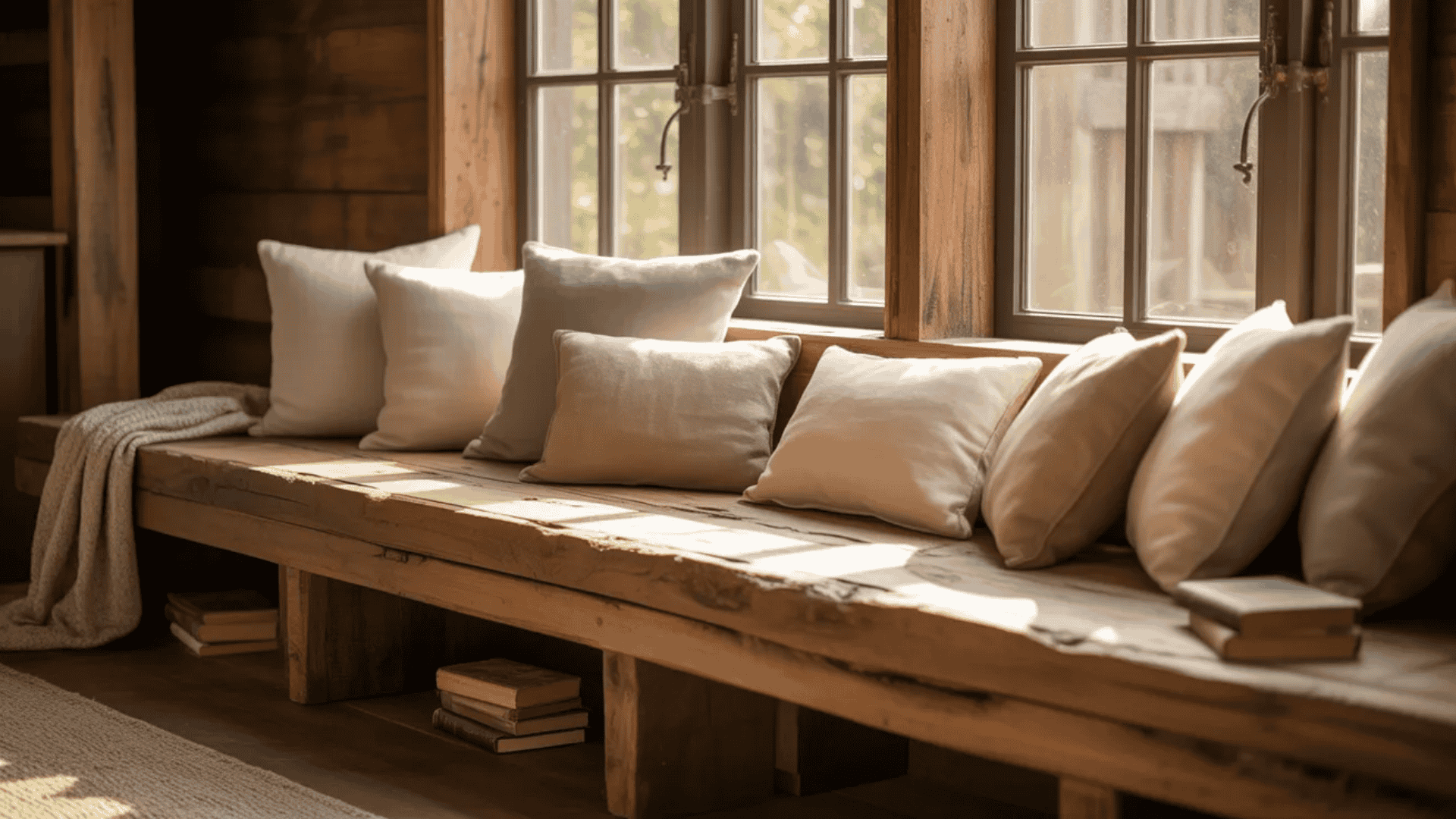rustic living room ideas with wooden window bench seating for cozy modern rustic living room