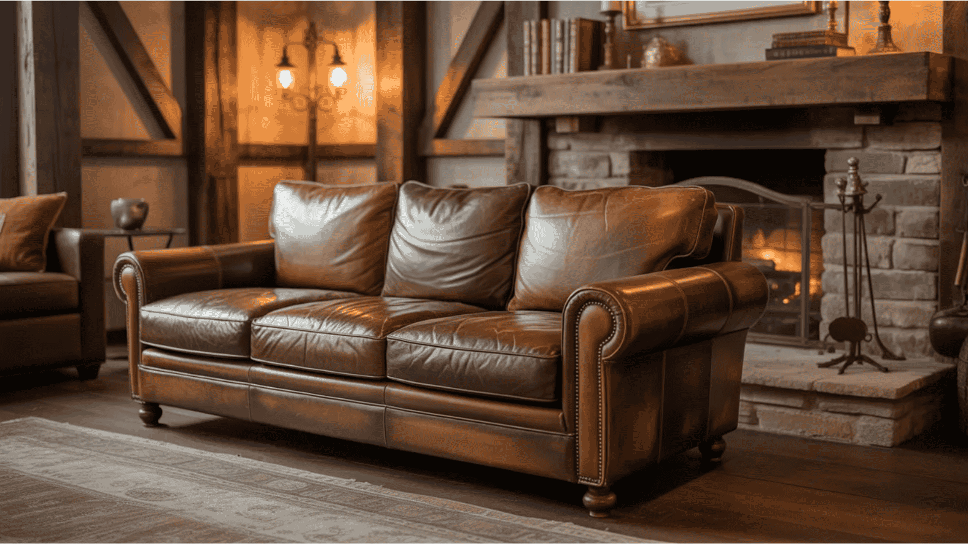 rustic living room leather sofa setup with warm tones creating cozy modern rustic living room style