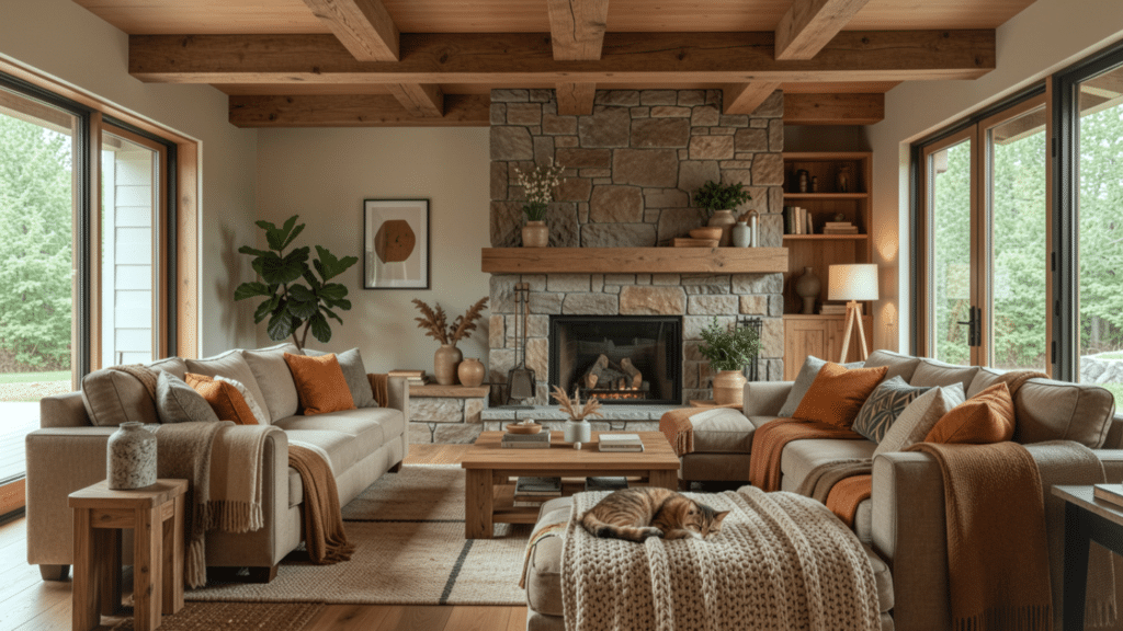 25 Rustic Living Room Ideas for a Cozy Home rustic living room with stone fireplace wooden ceiling beams cozy sofas warm accents and a cat resting on knit ottoman (1)