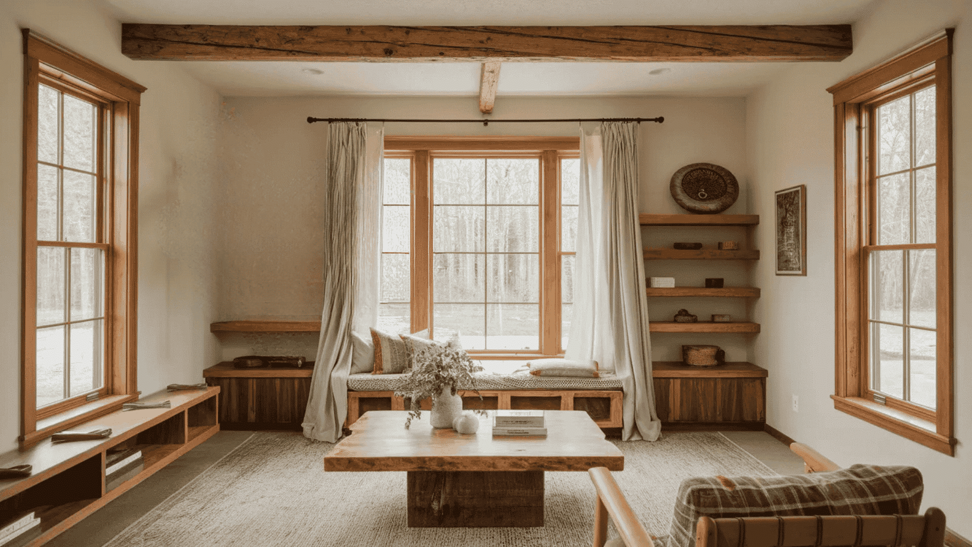 rustic living room wooden window frames highlighting natural light in modern rustic living room (2)