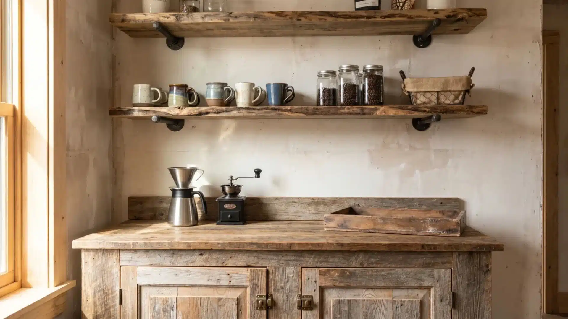 Rustic coffee bar with reclaimed wood shelves, iron pipe brackets, weathered counter, mugs, grinder, and coffee jars.