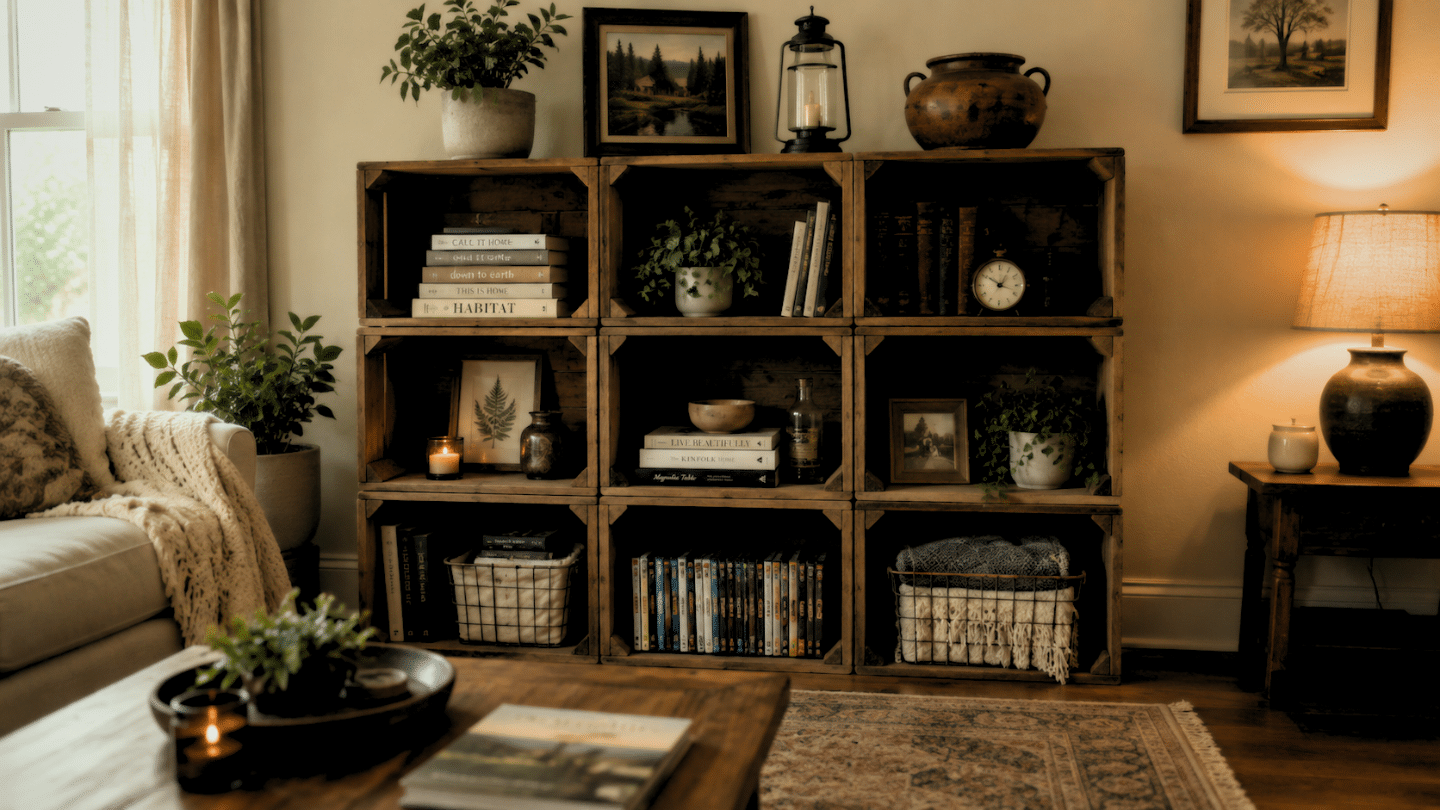rustic wood storage crates arranged as shelving with books plants baskets and decor in a cozy farmhouse living room setting (1)