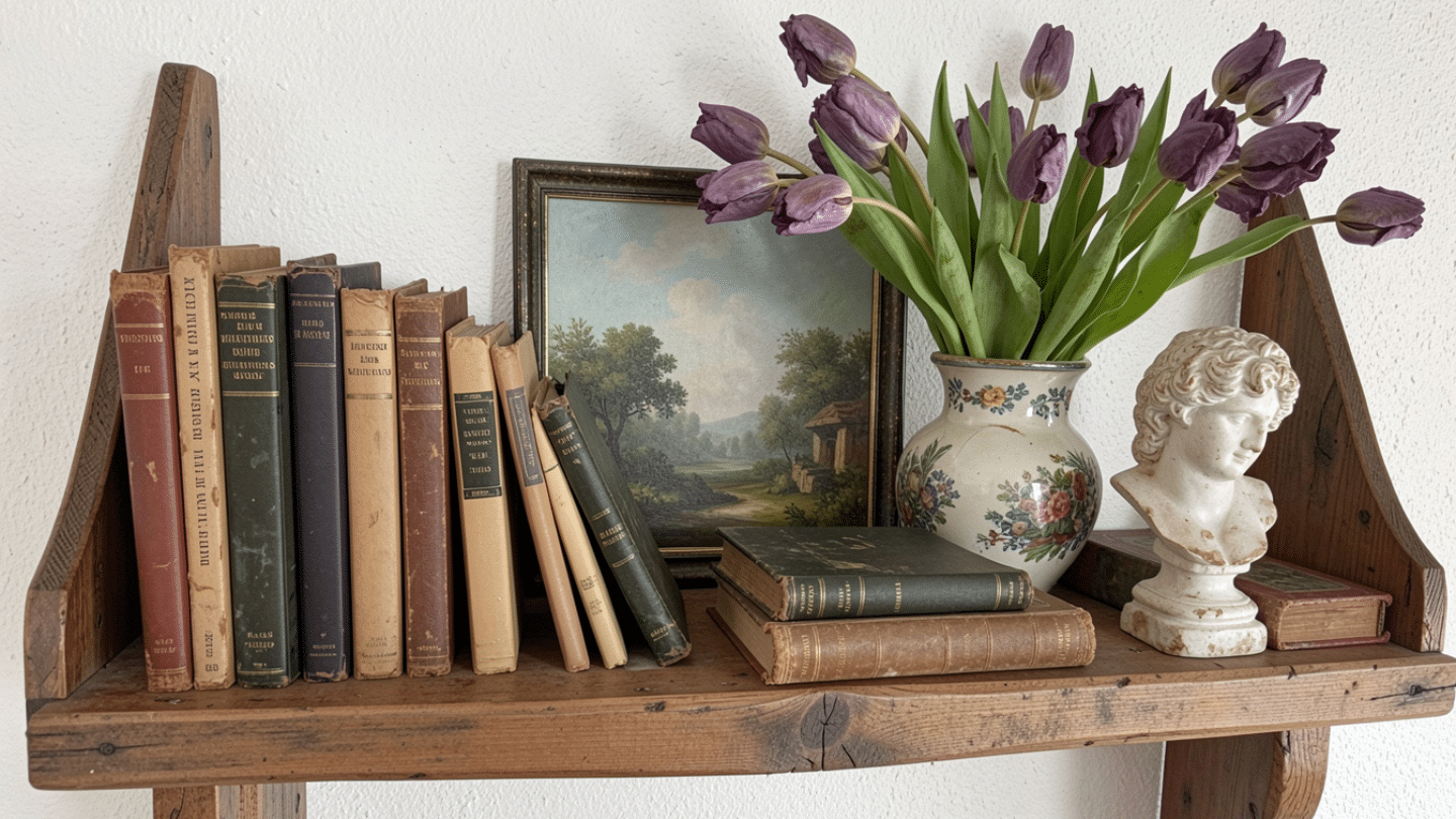rustic wooden shelf with vintage books framed landscape painting purple tulips in a floral vase and a marble bust