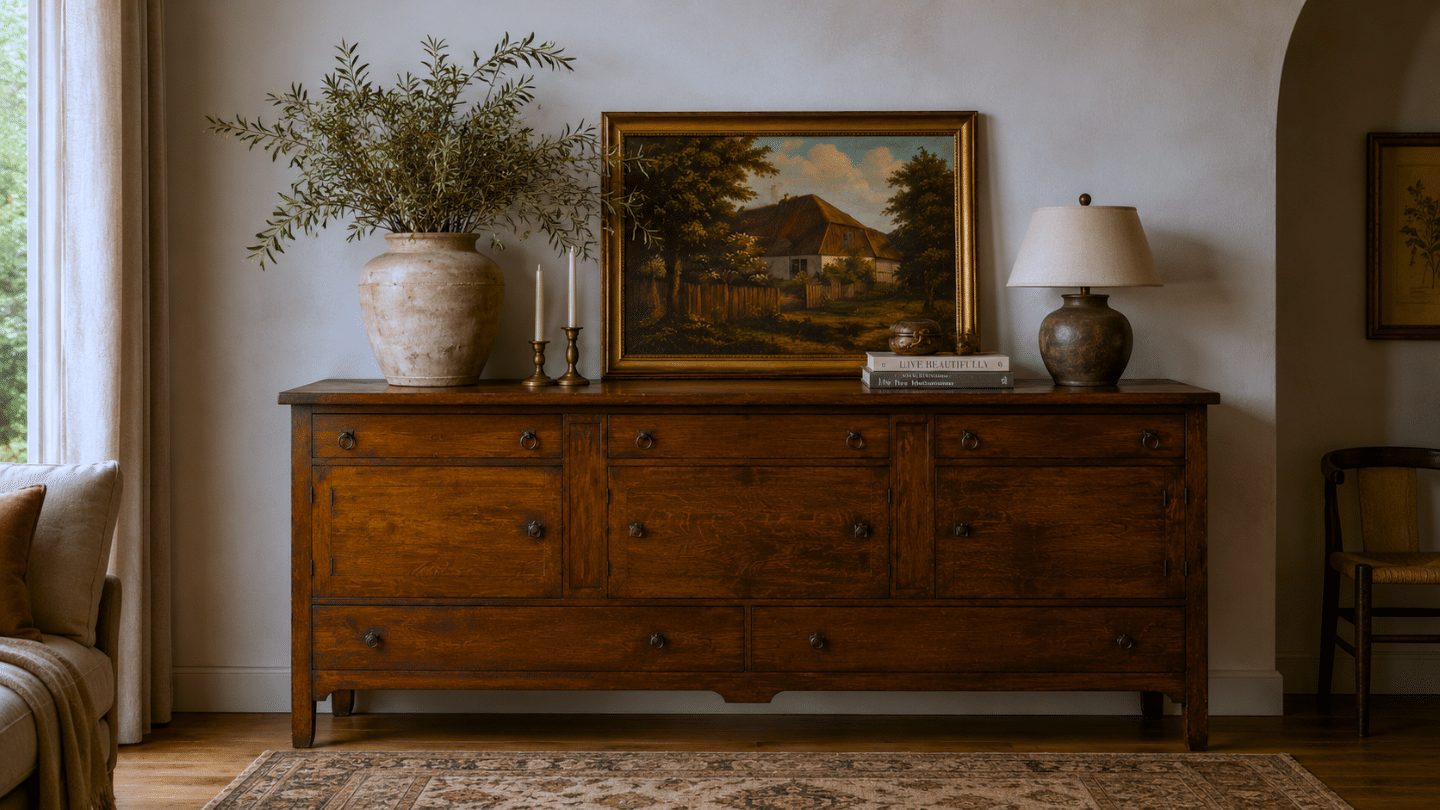 rustic wooden sideboard topped with a framed landscape painting table lamp candles and leafy vase in a cozy room