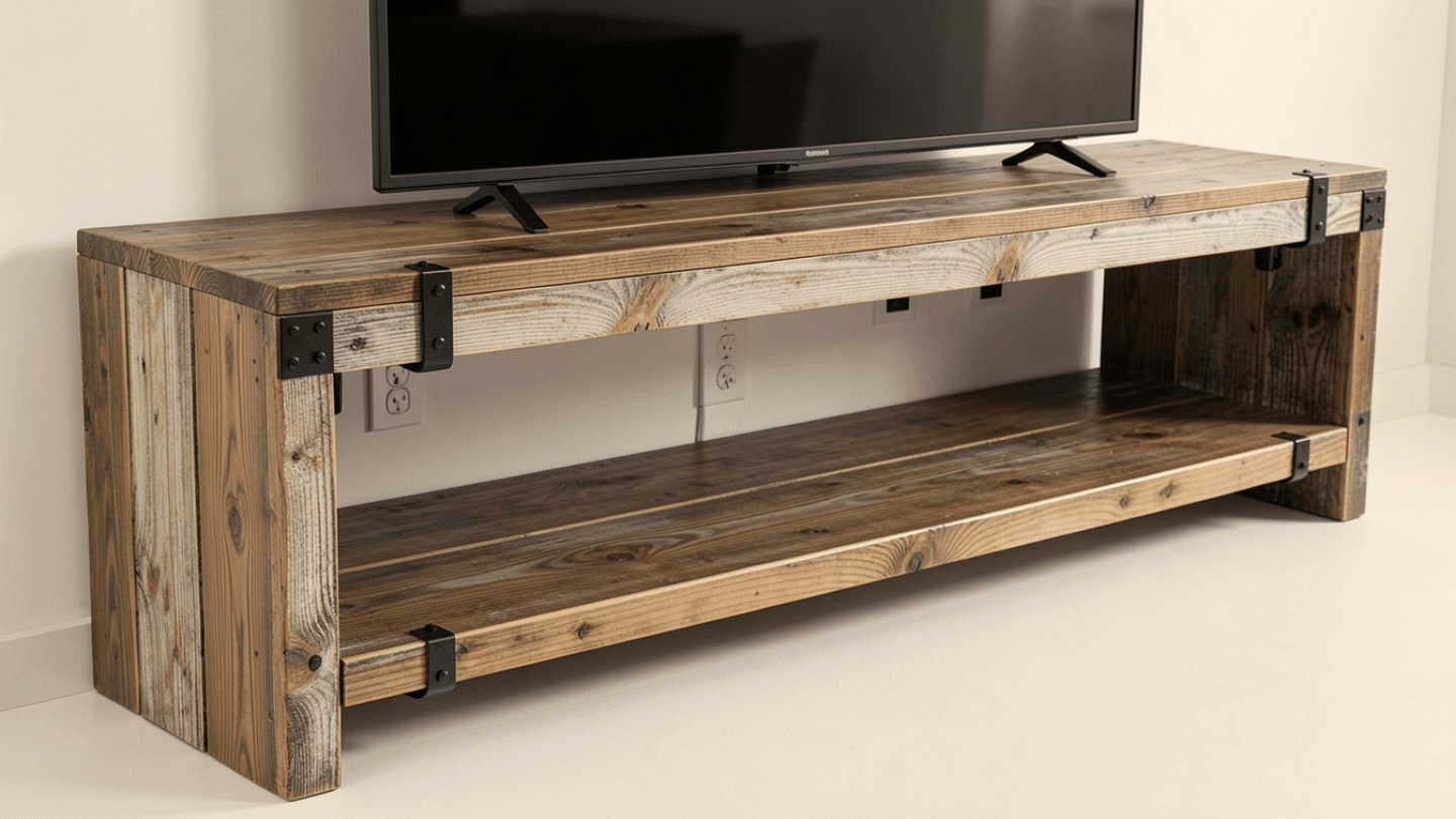 rustic wooden tv stand with open lower shelf and black metal brackets supporting a flat screen television in a modern room