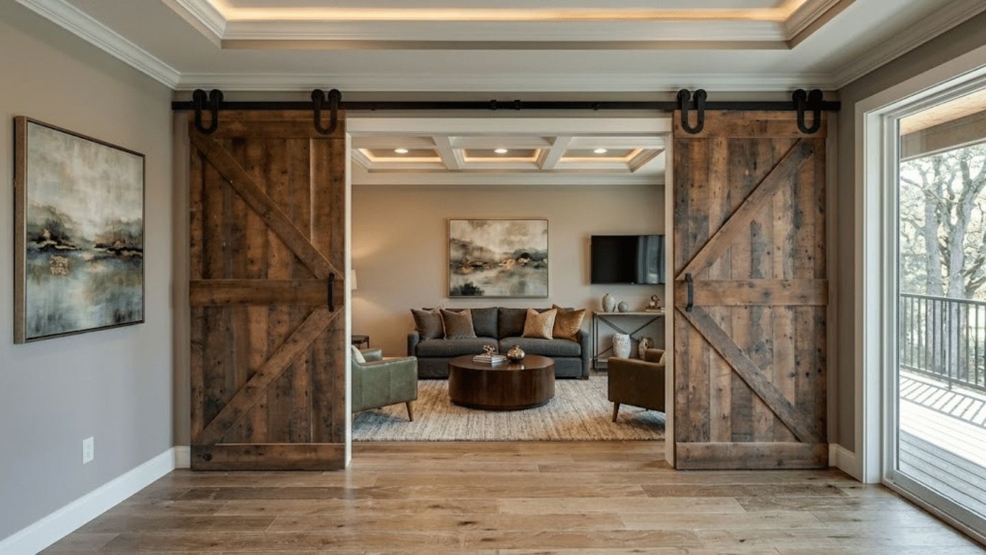 rustic double barn doors on black rails opening to a cozy living room with seating and soft natural light from windows