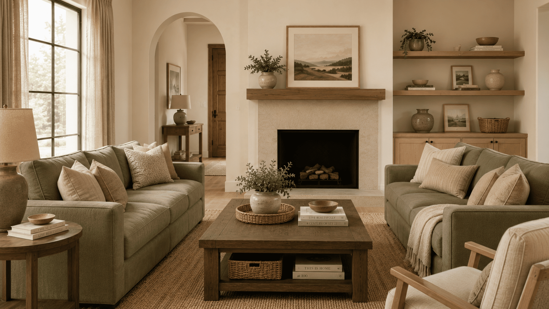 sage green and beige monochromatic living room with layered textures natural wood accents and cozy seating arrangement