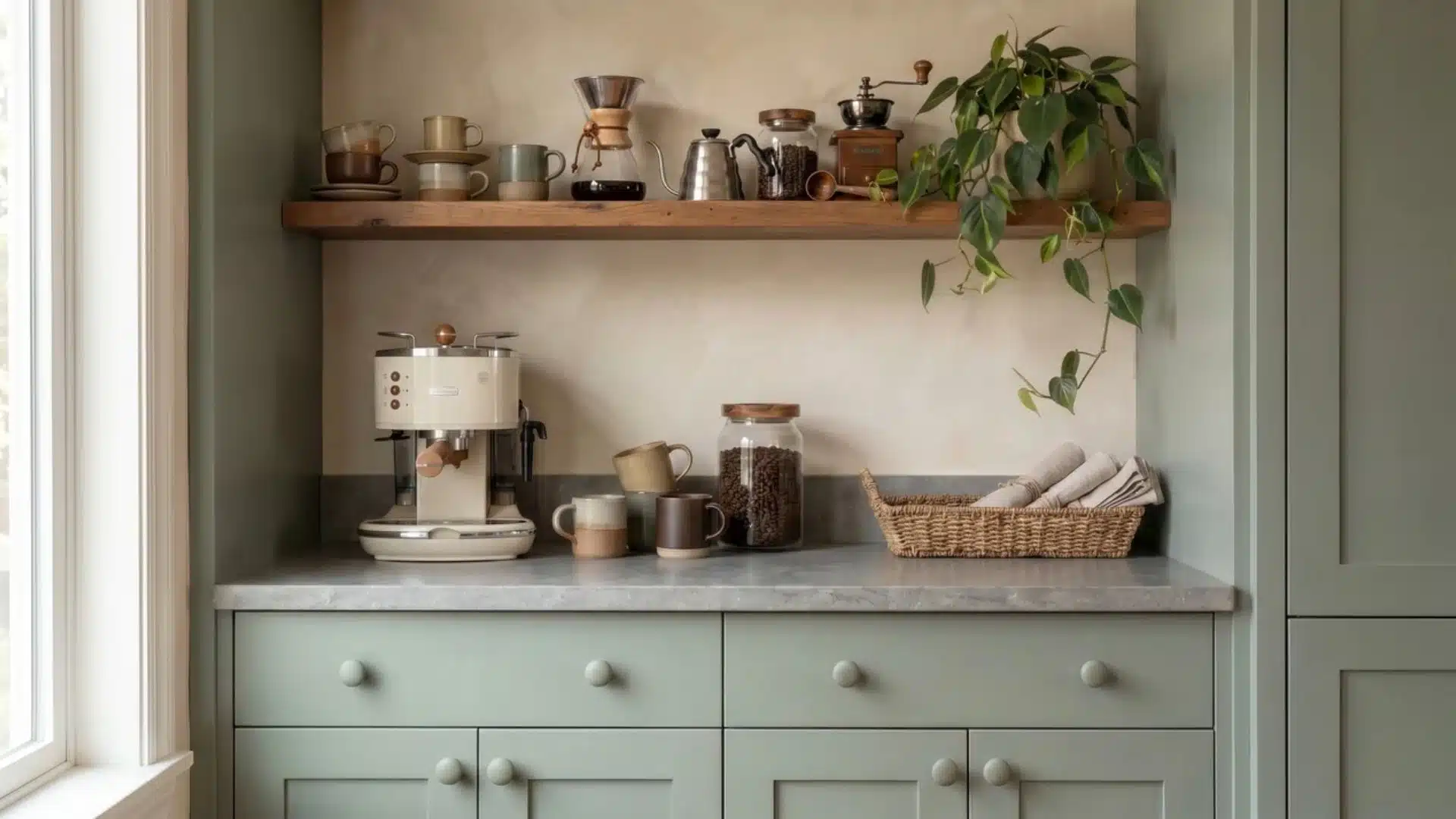 Sage green coffee bar with limewash backsplash, wood shelf, trailing plant, ceramic mugs, espresso machine, and linen accents.