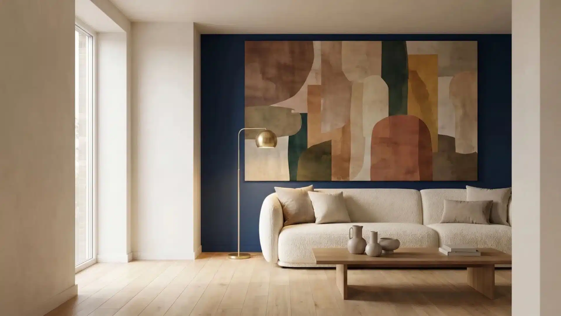 Living room with a navy accent wall and one oversized canvas above the sofa, adding scale on top of color contrast.