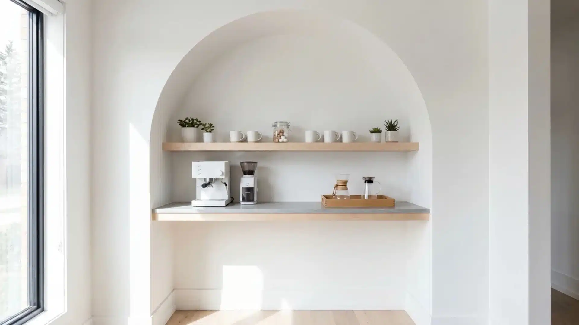 Scandinavian coffee bar inside a white arch with birch shelf, white coffee machine, mugs, and soft daylight.