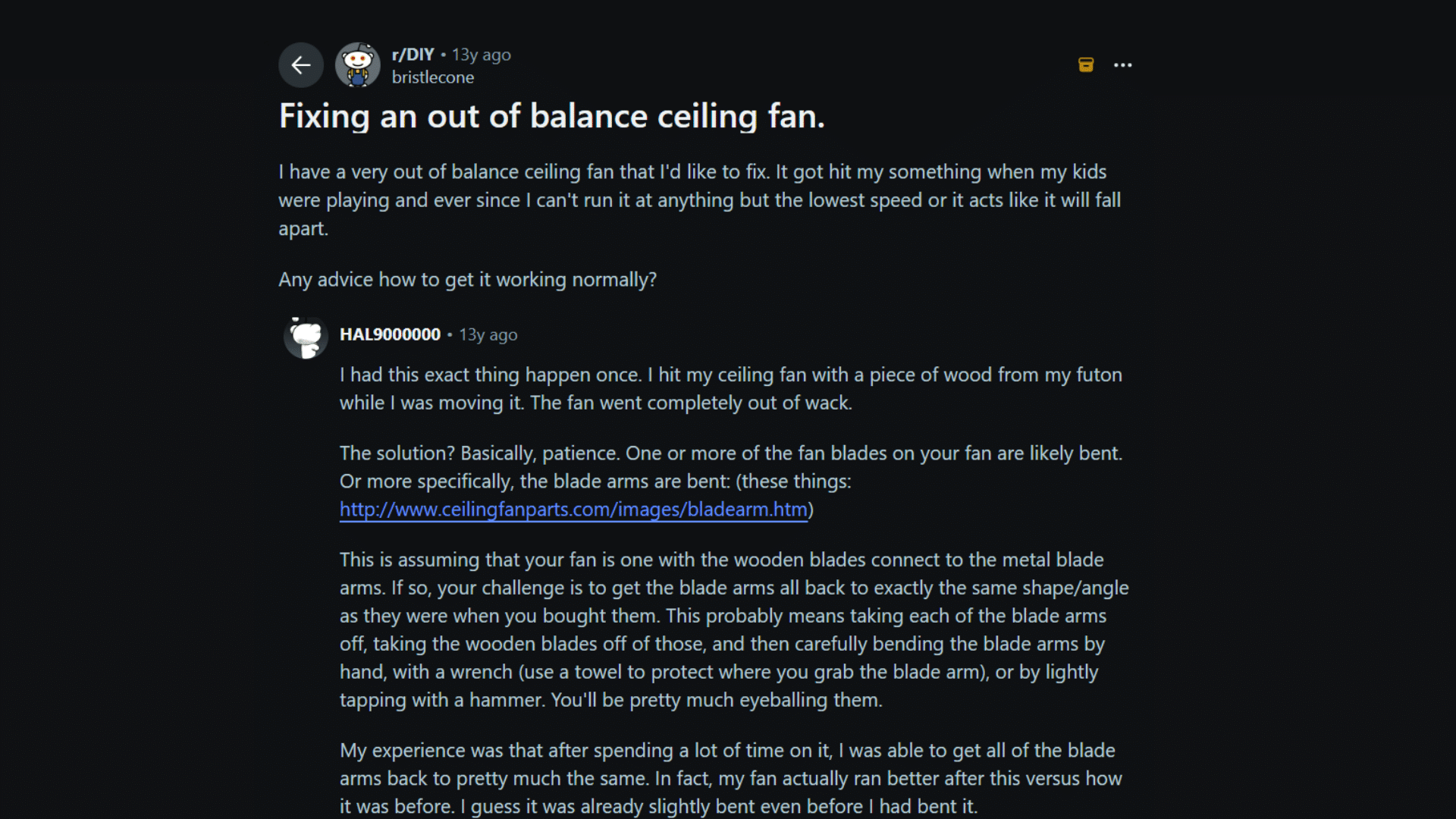 screenshot of reddit post about fixing an out of balance ceiling fan with detailed repair advice and tips