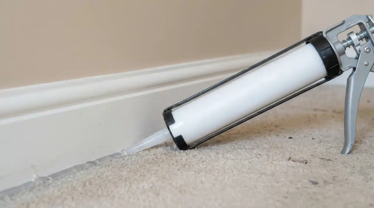 Clear caulk applied into a gap at the junction of a skirting board and wall with caulk tube beside it