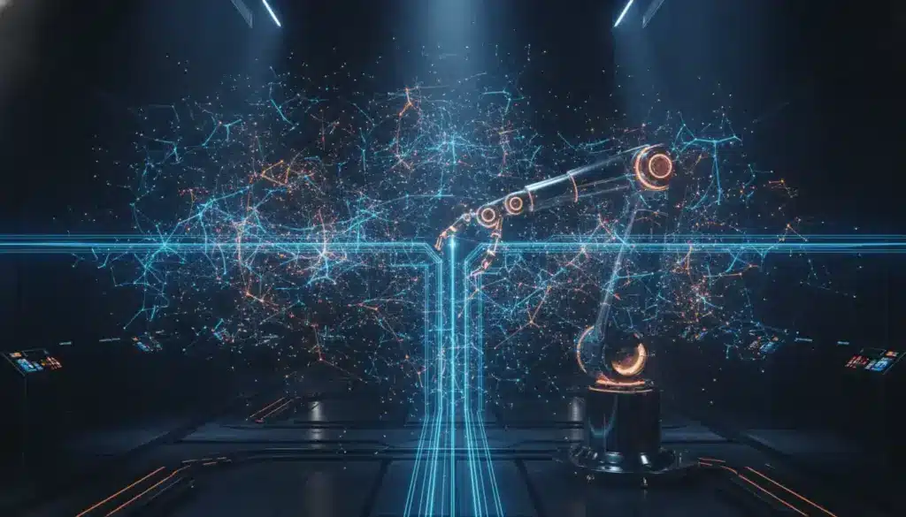 Robotic arm interacting with digital data network in dark futuristic setting