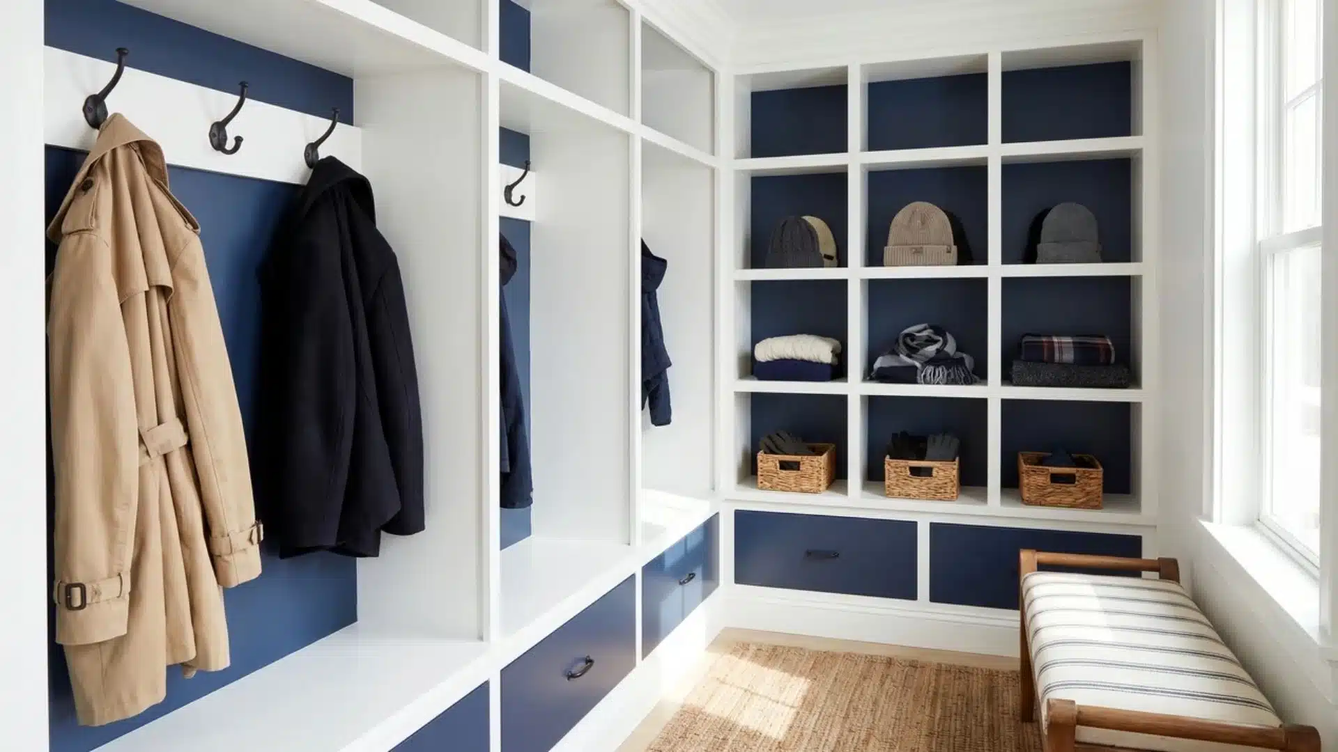 Crisp white entry closet with navy accents and black hooks, segmented into coat-hanging and folded-storage cubbies.